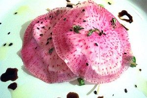 Watermelon radish ravioli with thyme scented cashew cheeze from Chalk Hill Cookery