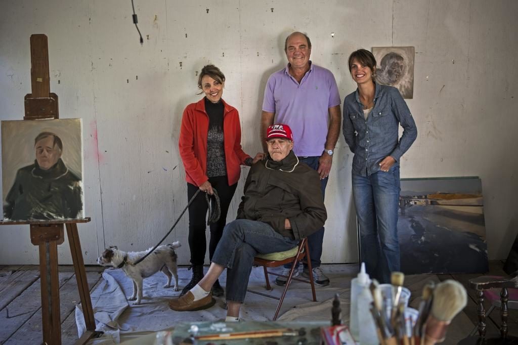Warnecke family members: Zephyr (the dog) Margo Merck, Fred Warnecke, Rodger Warnecke and Fred's daughter Alice Warnecke Sutro in Chalk Hill studio. (photo by Chris Hardy)