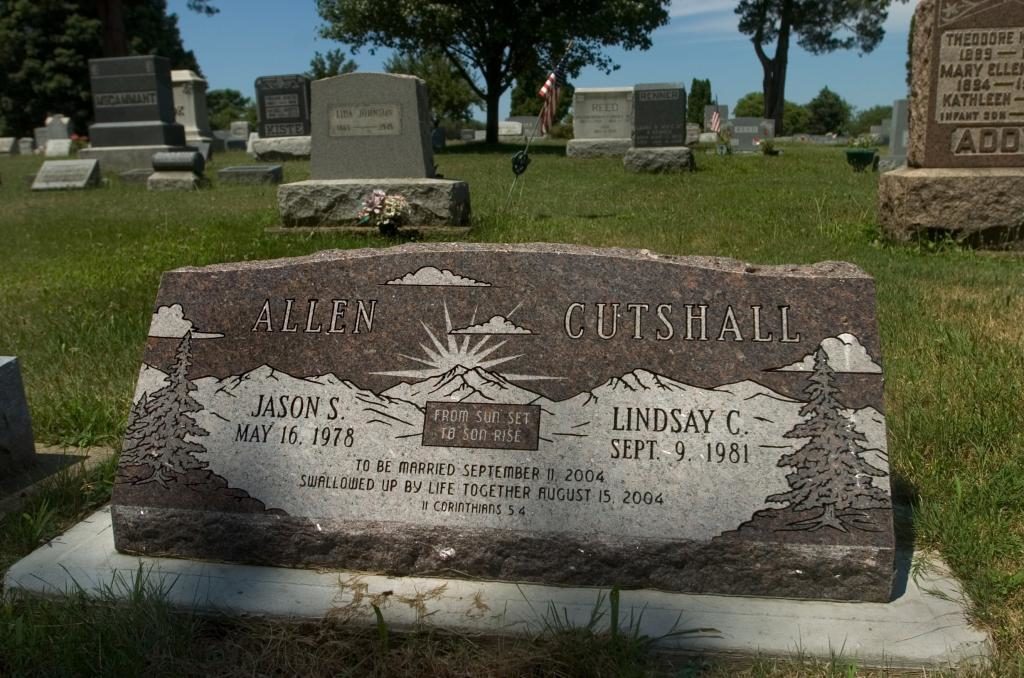 Not far from the Cutshall home at the Lafayette Cemetery in West Lafayette, Ohio is the headstone of Lindsay Cutshall and her fiance Jason Allen. (The Sacramento Bee / Randy Pench)