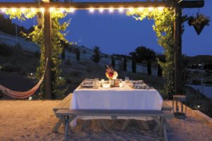 At the Weinsteins’ Sonoma home, a table in the poolside arbor is set for a twilight dinner. (photography by Rebecca Chotkowski)