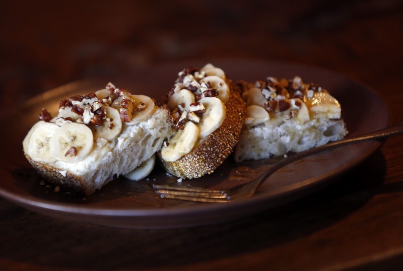 Breakfast Toast with ricotta cheese, banana slices, toasted pecans, honey and salt at Della Fattoria in Petaluma, on Monday, April 4, 2016. (BETH SCHLANKER/ The Press Democrat)