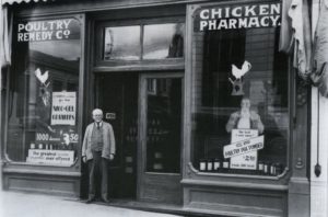 The Chicken Pharmacy was started in 1923 by James Keyes, featured in Ripley's Believe It Or Not as the world's only drugstore devoted to poultry health. 