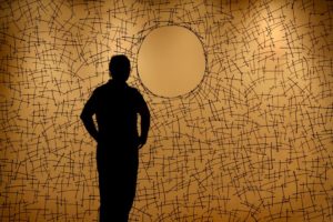 Scottish artist Andy Goldsworthy uses chestnut leaf stalks held together with hawthorn thorns for his piece "Surface Tension" on display at the Hess Collection just outside of Napa. (photo by John Burgess)