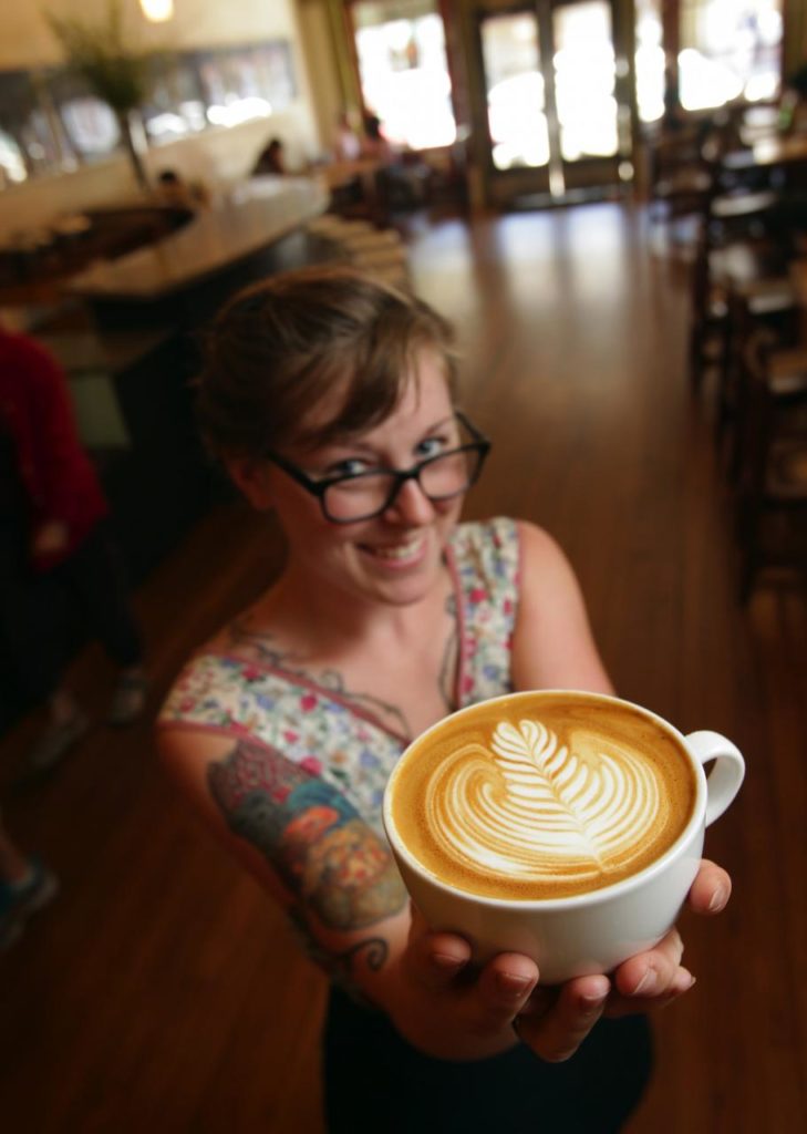 Flying Goat Coffee in Santa Rosa has delicious coffee and long lines because so much care goes into each cup: each latte gets its own pitcher of steamed milk. This cup isn't for the grab-and-go types, it's for coffee lovers looking for a relaxed morning. (John Burgess / The Press Democrat)