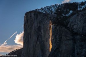 This photo was shot at 120mm and shows the full perspective of El Capitan, with the amazing isolation created by the angle of the setting sun illuminating Horsetail Falls. (Jim Nevill)