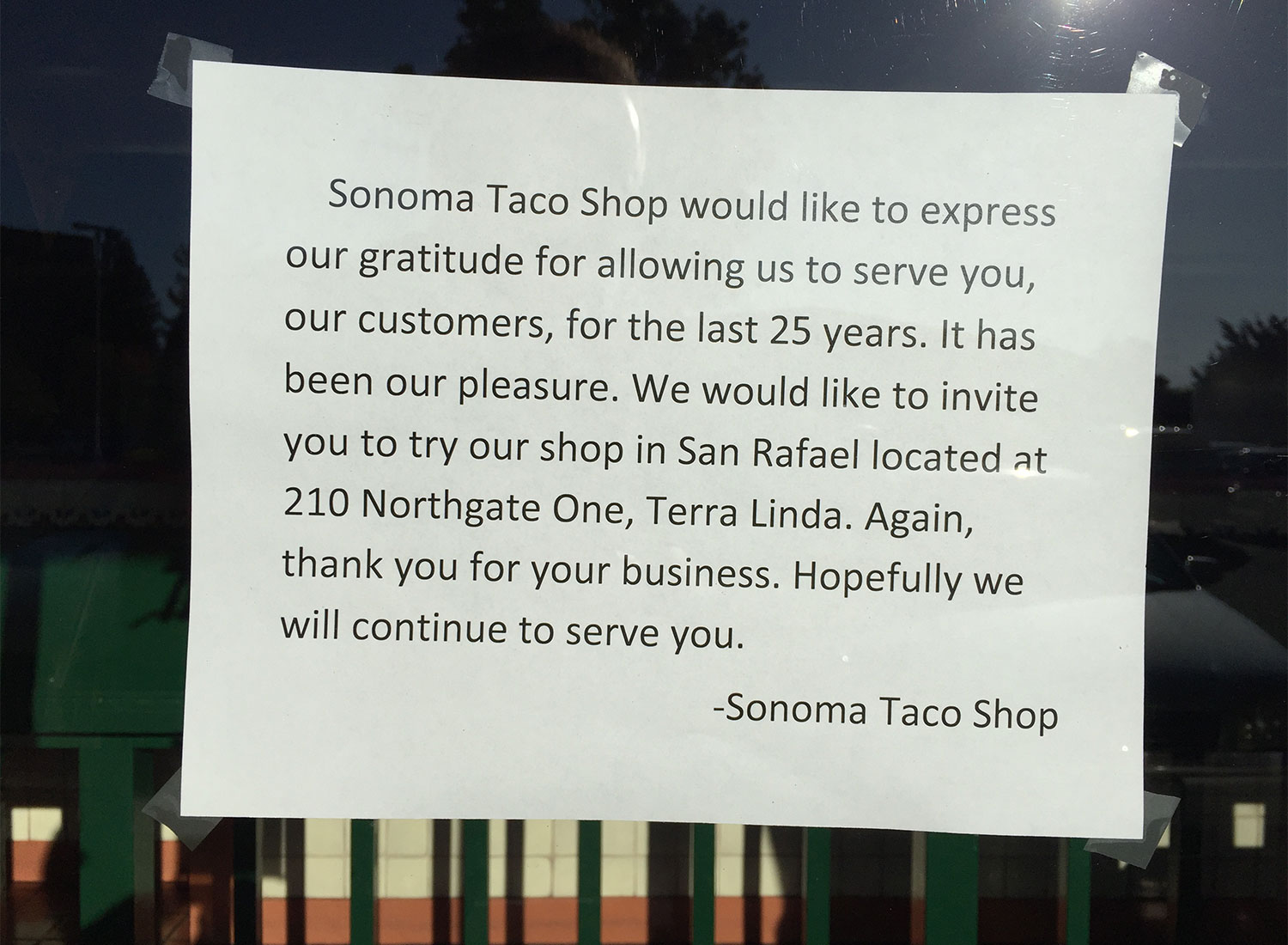 Sonoma Taco Shop has closed after 25 years