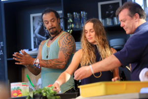 Musicians Michael Franti and Zella Day make pizza with chef Roberto on the Culinary Stage at the BottleRock Napa festival. (The Press Democrat)