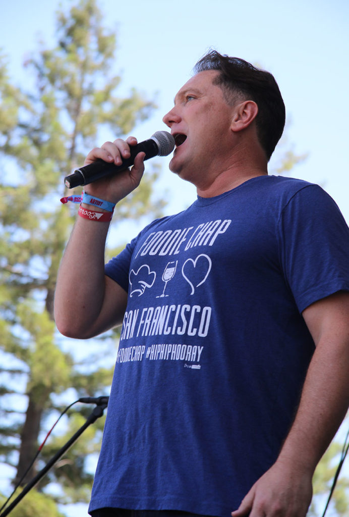 Foodie Chap Liam Mayclem emcees the WIlliams-Sonoma Culinary Stage at BottleRock 2016. Heather IRwin.