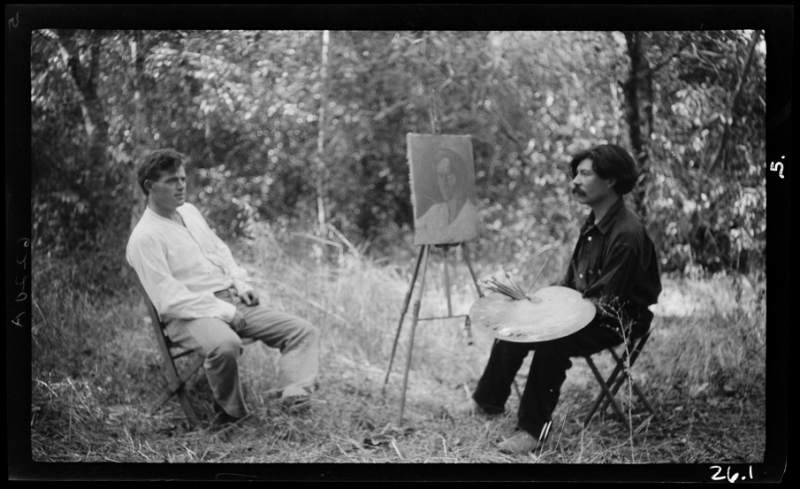 Jack London has his portrait painted outside Wake Robin Lodge by artist Xavier Martinez. (California State Parks, 2016)