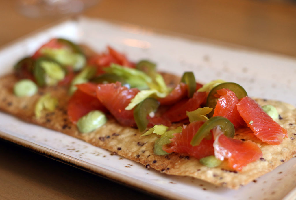 Quinoa cracker with salmon and serranos at The County Bench in Santa Rosa. Heather Irwin/PD