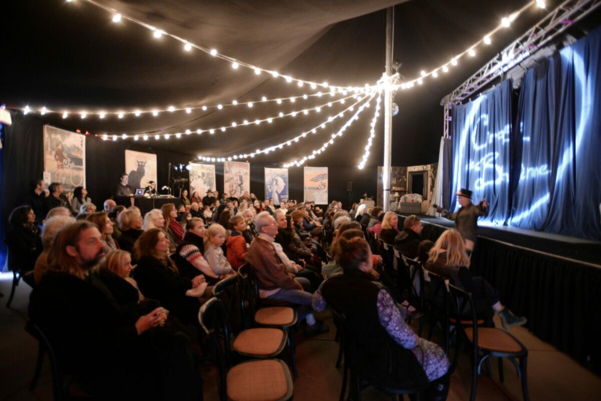 Circus performer and writer/producer Michel Michelis, far right, during the opening of Cirque de Boheme, an old style circus based on the French tradition of the 1920's held Sunday at Cornerstone Sonoma. December 9, 2018.(Photo: Erik Castro/for The Press Democrat)
