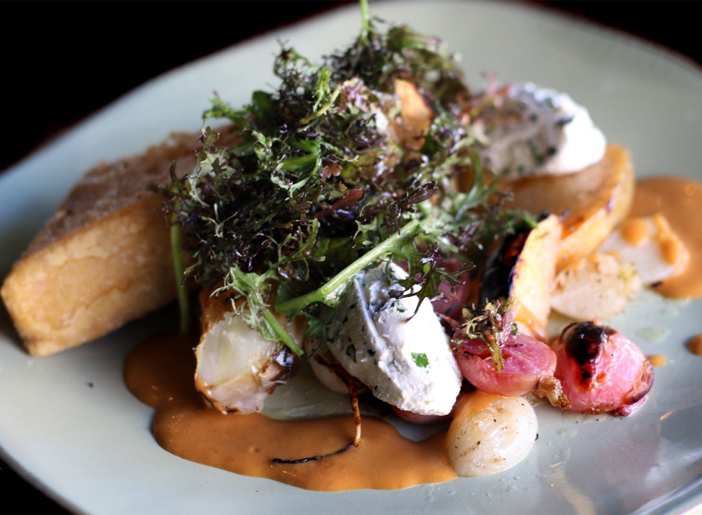 Panisse with roasted vegetables and herbed fromage blanc at Crocodile Restaurant in Petaluma. Heather Irwin/PD