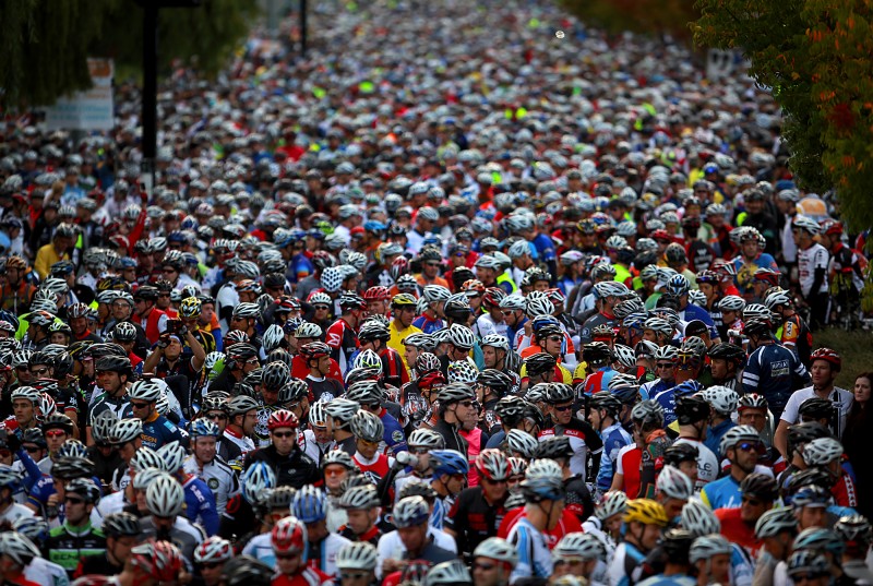 7500 bicycle riders crowd the start of Levi Leipheimers King Ridge Gran Fondo, Saturday Oct. 1, 2011 at Finley Park in Santa Rosa.