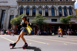 Rollerskaters zip by during the Butter and Egg Days Parade in Petaluma, California, on Saturday, April 23, 2016. (Alvin Jornada / The Press Democrat) Butter and Egg Days Parade 