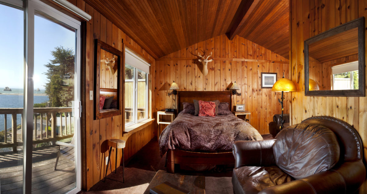 One of the five cabins at the River's End Restaurant and Inn. The cabins all share a view of the mouth of the Russian River and the Sonoma Coast. (Sonoma Magazine)