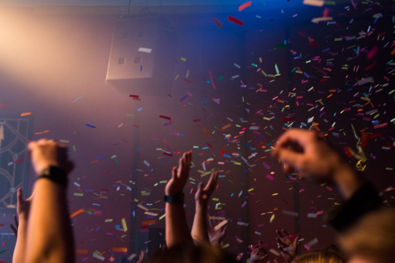 The crowd gets sprayed with confetti as Portland band STRFKR performs at Mystic Theatre in Petaluma. (Estefany Gonzalez)