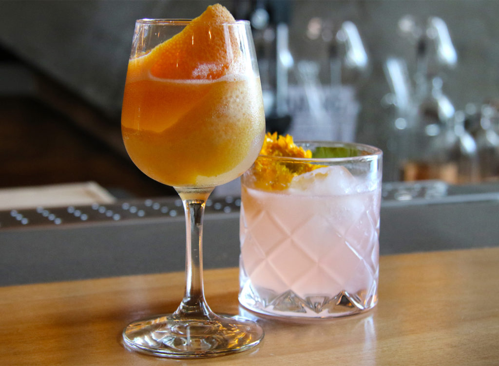 Seasonal cocktails (l) La Vie En Rose with rose water syrup, gin, grapefruit juice (r) El Tajin with tequila, Bruto, lime juice, chamomile. Heather Irwin/PD