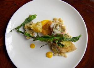 Petrale sole with artichoke hearts, braised octopus, dandelion, French flageolet beans at County Bench in Santa Rosa. Heather Irwin/PD