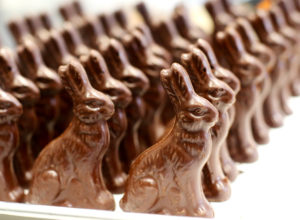Chocolate Easter Bunny Army. Chefs Jeff and Susan Mall, formerly of Zin Restaurant in Healdsburg, making chocolate inspired by their time in Baja Mexico. The new company is called Volo Chocolate, located in Windsor, and each bar is made by hand. Heather Irwin/PD