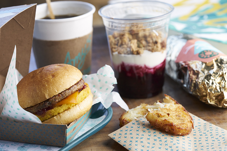 New options for breakfast at Amy's Drive Thru in Rohnert Park, including the vegetarian sausage breakfast sandwich (left). Courtesy of Amy's Kitchen.