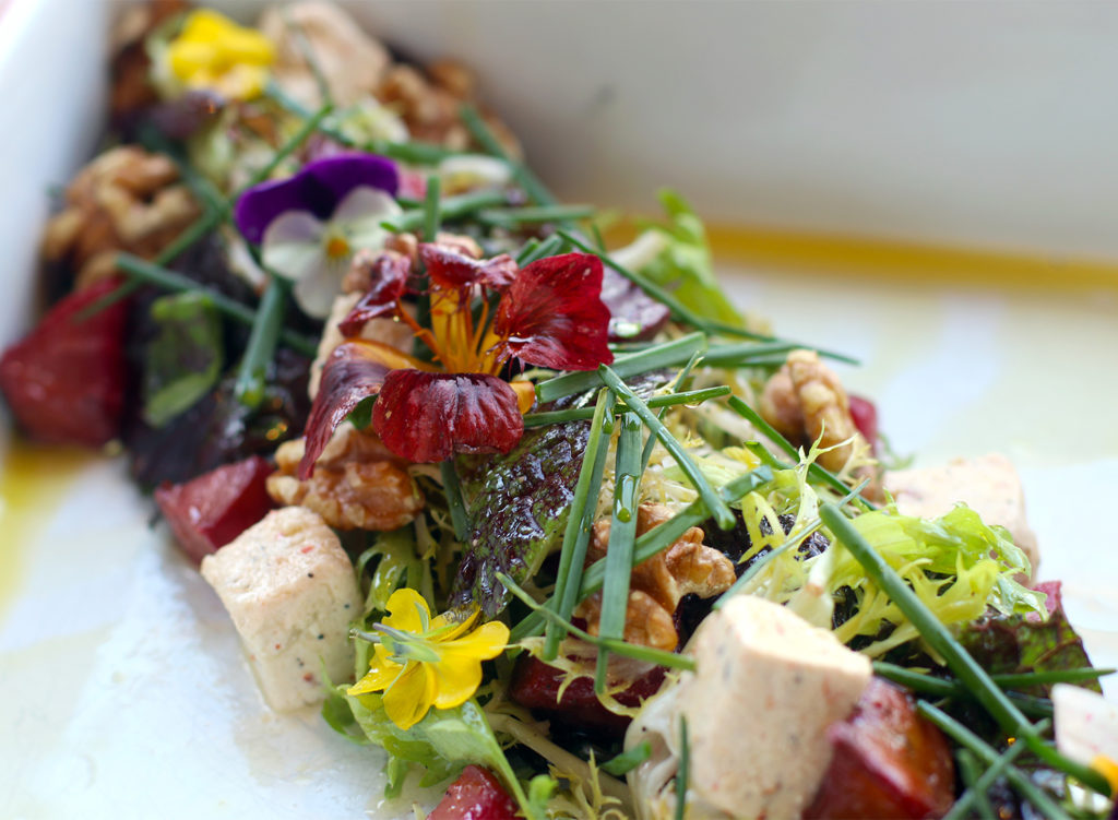 Beet salad with walnuts and CHEEVO goat cheese at Brewster’s Beer Garden in Petaluma. Heather Irwin/PD