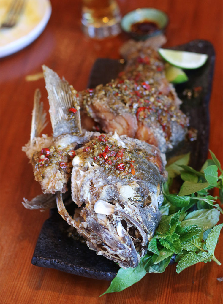 Whole fried rockfish with chiles at Khom Loi pop-up at Ramen Gaijin in Sebastopol. Heather Irwin/PD