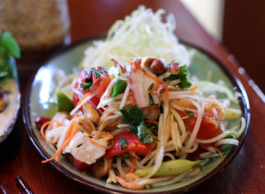 Green Papaya Salad with braised octopus, pole beans roasted peanuts and lime at Khom Loi pop-up at Ramen Gaijin in Sebastopol. Heather Irwin/PD