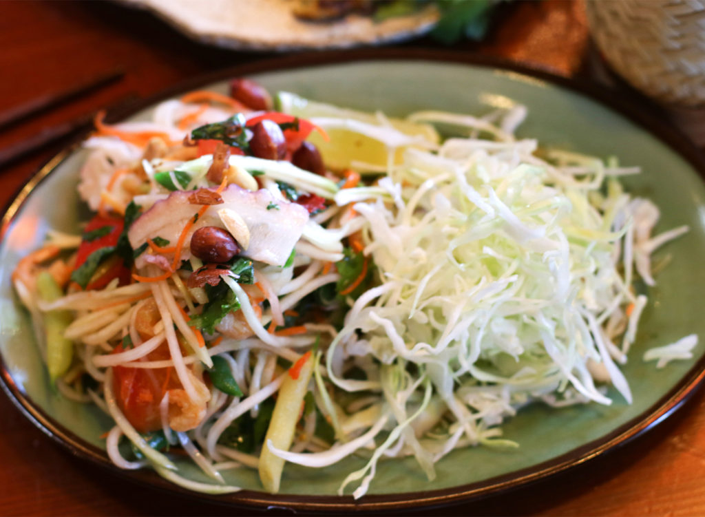Green papaya salad with octopus at Khom Loi pop-up at Ramen Gaijin in Sebastopol. Heather Irwin/PD