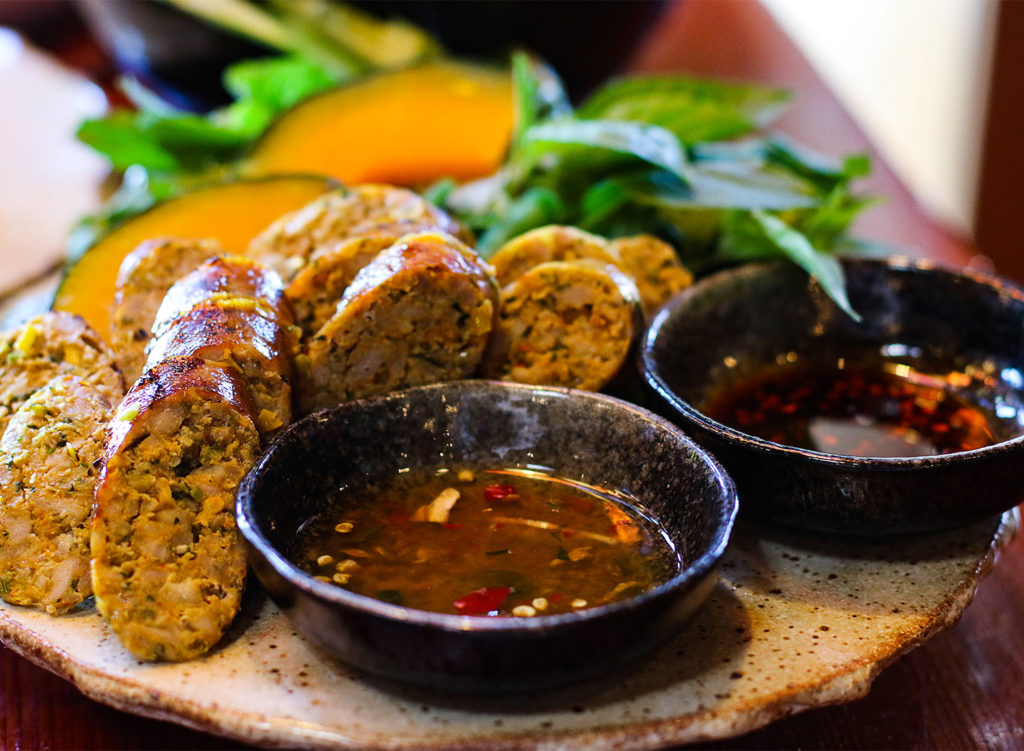 Spicy Northern Thai Rabbit and Pork Sausage with Kobcha Squash at Khom Loi pop-up at Ramen Gaijin in Sebastopol. Heather Irwin/PD