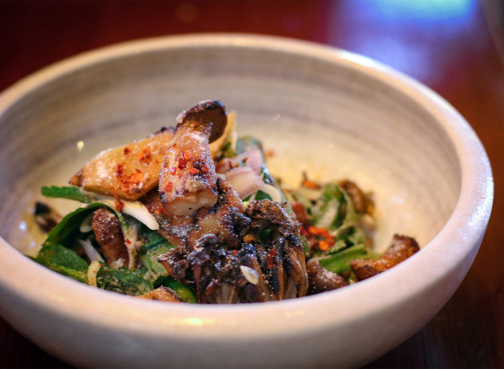 Charcoal grilled mushroom salad with porcini, maitake, king trumpet, mint, toasted rice powder at Khom Loi pop-up at Ramen Gaijin in Sebastopol. Heather Irwin/PD