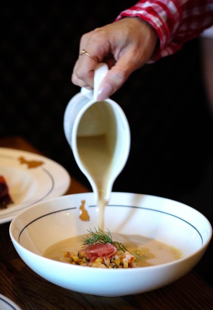 Chilled sweet corn soup with Maine lobster, dill, pickled purplette onion at the Brass Rabbit in Healdsburg. Heather Irwin/PD