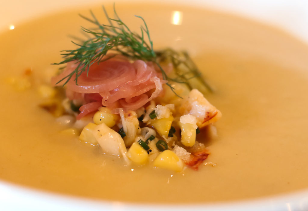 Chilled sweet corn soup with Maine lobster, dill, picled purplette onion at the Brass Rabbit in Healdsburg. Heather Irwin/PD