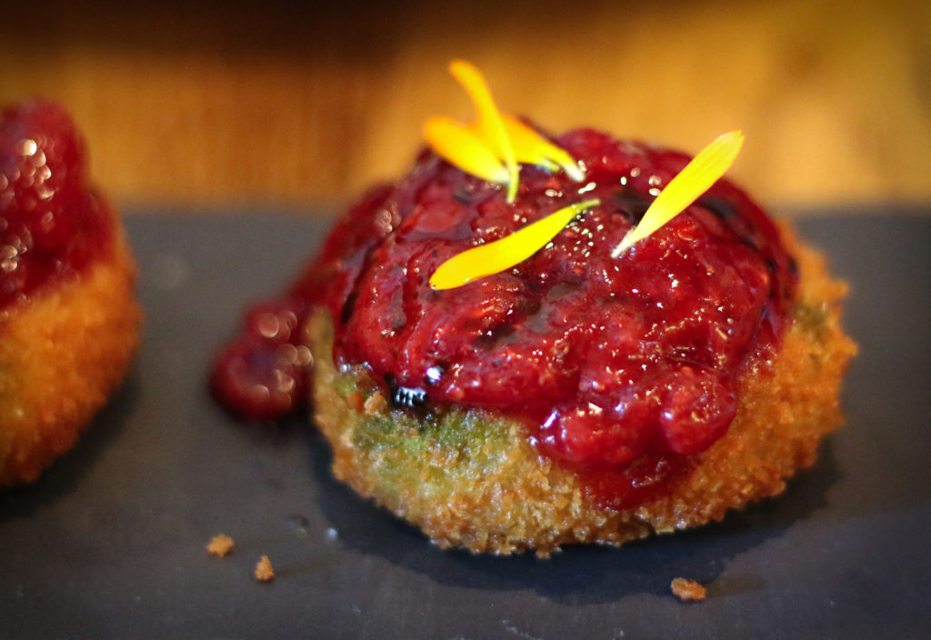Duck confit croquette with ember roasted strawberry jam, anise hyssop at the Brass Rabbit in Healdsburg. Heather Irwin/PD