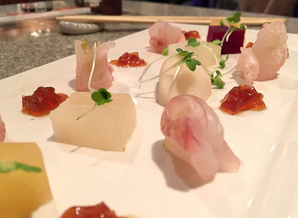 JAPAN, Hana Sushi, Rohnert Park: Mixed sashimi and pickles. Heather Irwin/PD