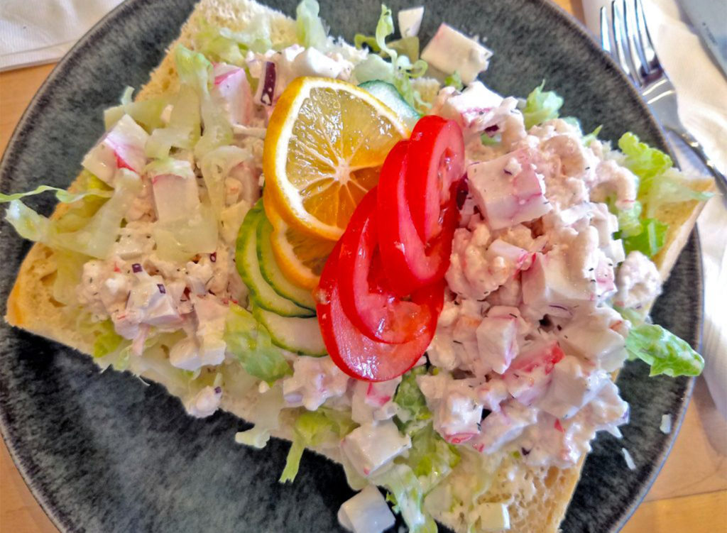 SWEDEN, MaK's Deli in Cotati: Open face seafood salad sandwich. Heather