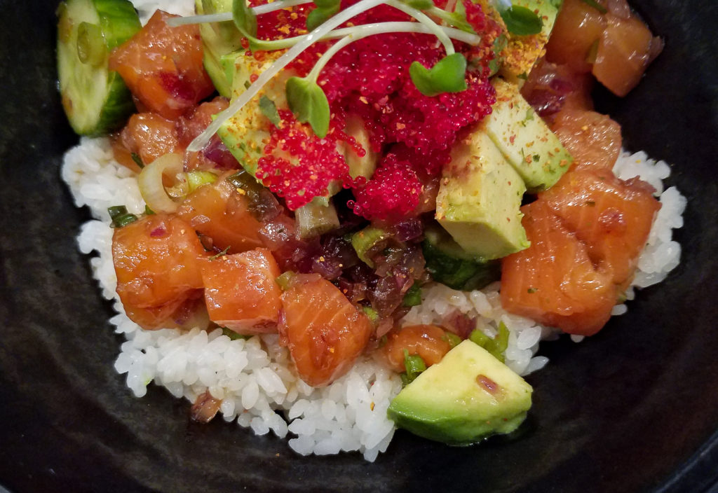 Salmon poke bowl at Miso Good Ramen with avocado, sprouts, cucumber in Santa Rosa. Heather Irwin/PD