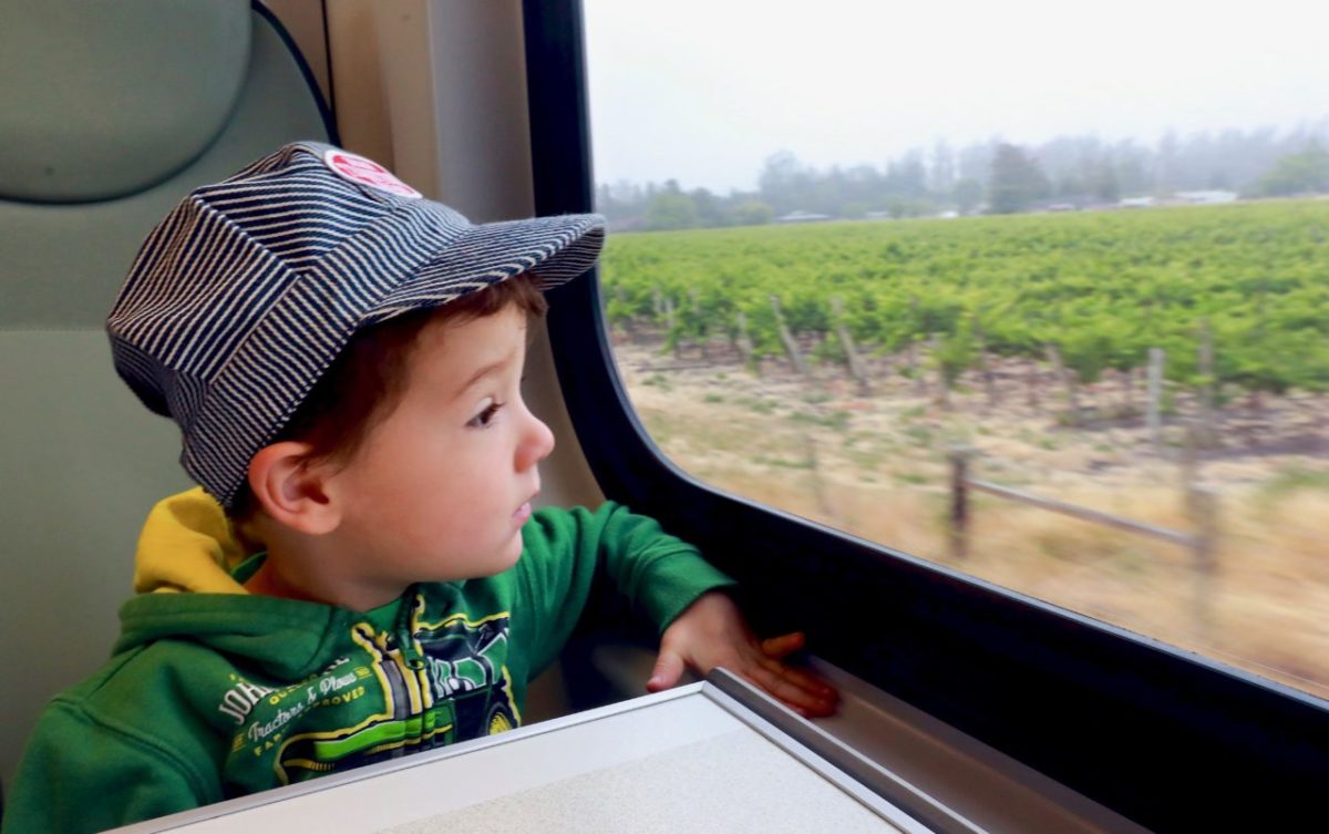 Joe Tracy, 2, of Cotati wore his engineer's hat for his SMART train ride on Thursday morning. (John Burgess/The Press Democrat)