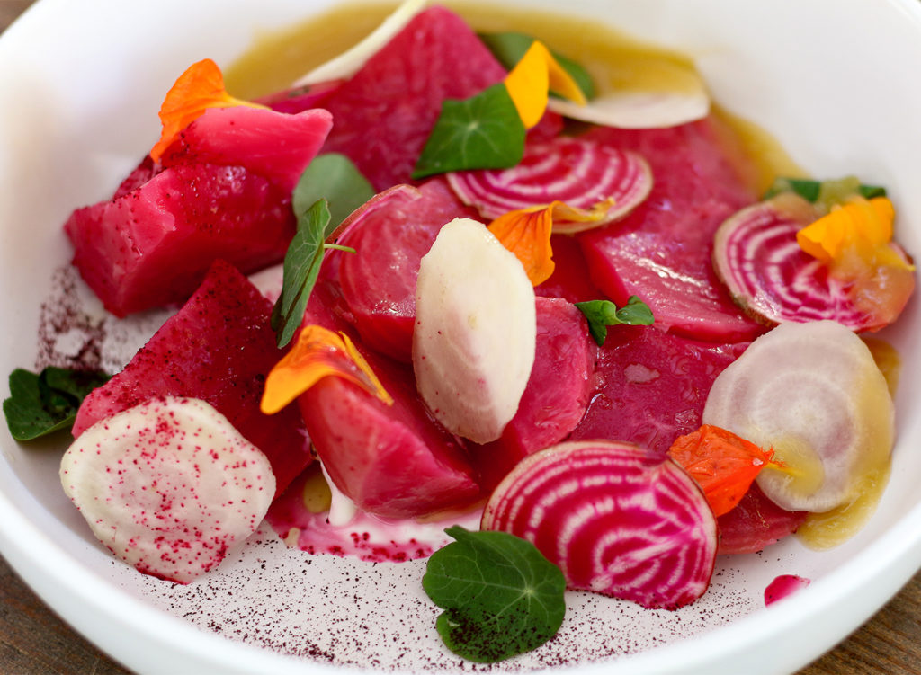 Roasted heirloom beets with smoked creme fraiche, golden beet puree and nasturtium at Russian River Vineyards. Heather Irwin/PD