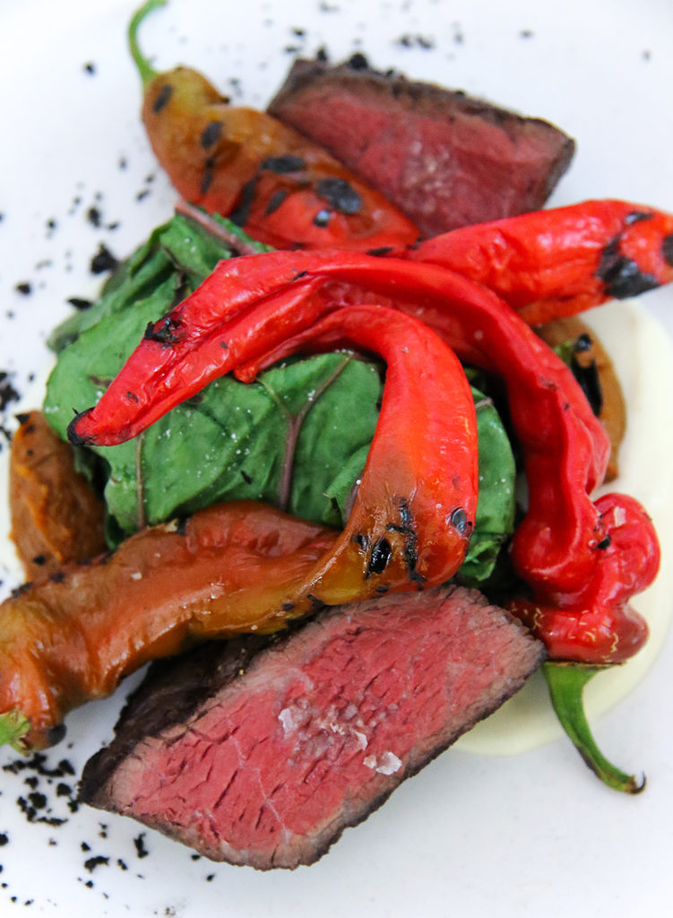 Grilled akaushi coulotte with blue cheese mousseline, piperade, Jimmy Nardello Peppers, chard, black olive crumble at Russian River Vineyards Restaurant. Heather Irwin/PD