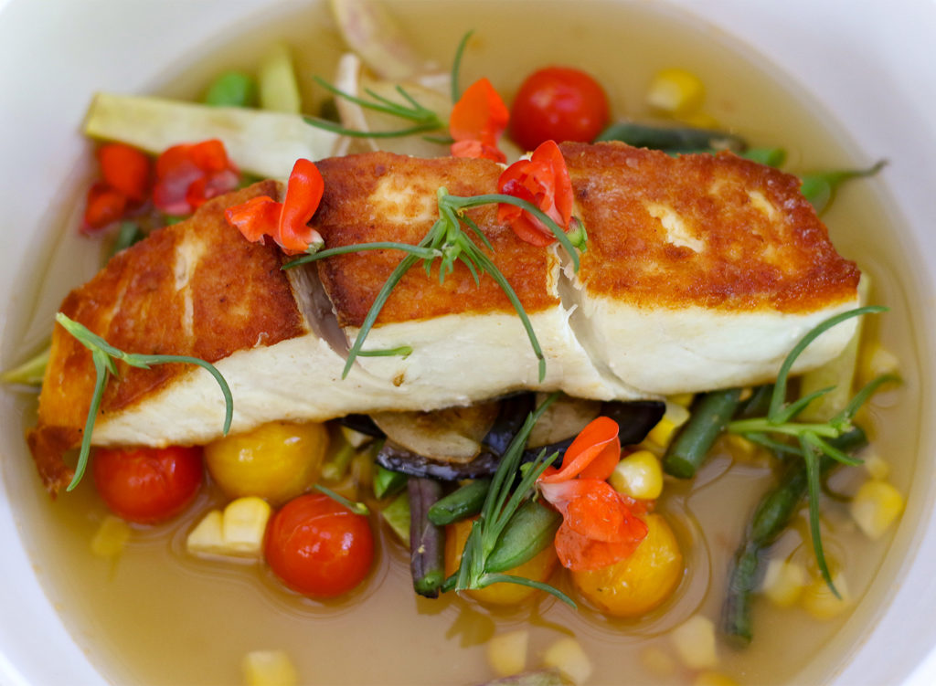 San Francisco Bay Halibut with estate beans, cherry tomato, eggplant, roasted corn broth at Russian River Vineyards restaurant. Heather Irwin/PD