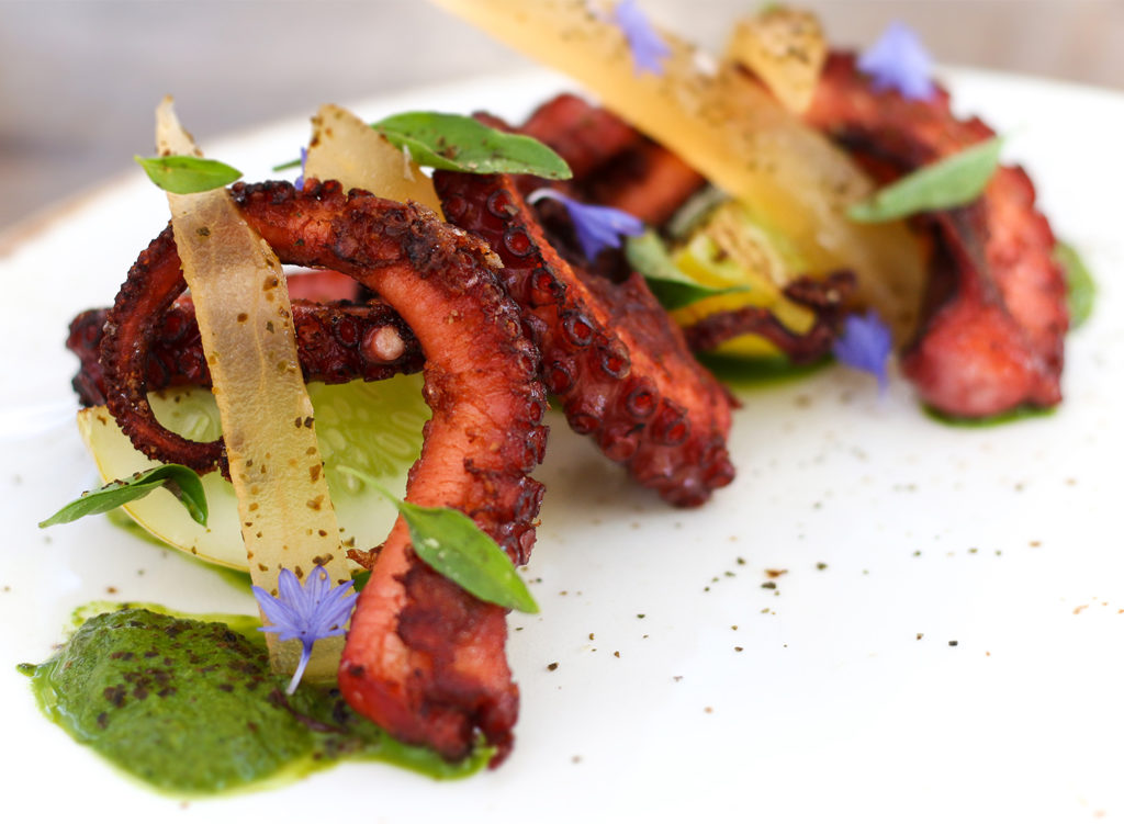 Seared octopus with compressed melon, lemon cucumber, basil at Russian River Vineyards restaurant. Heather Irwin/PD