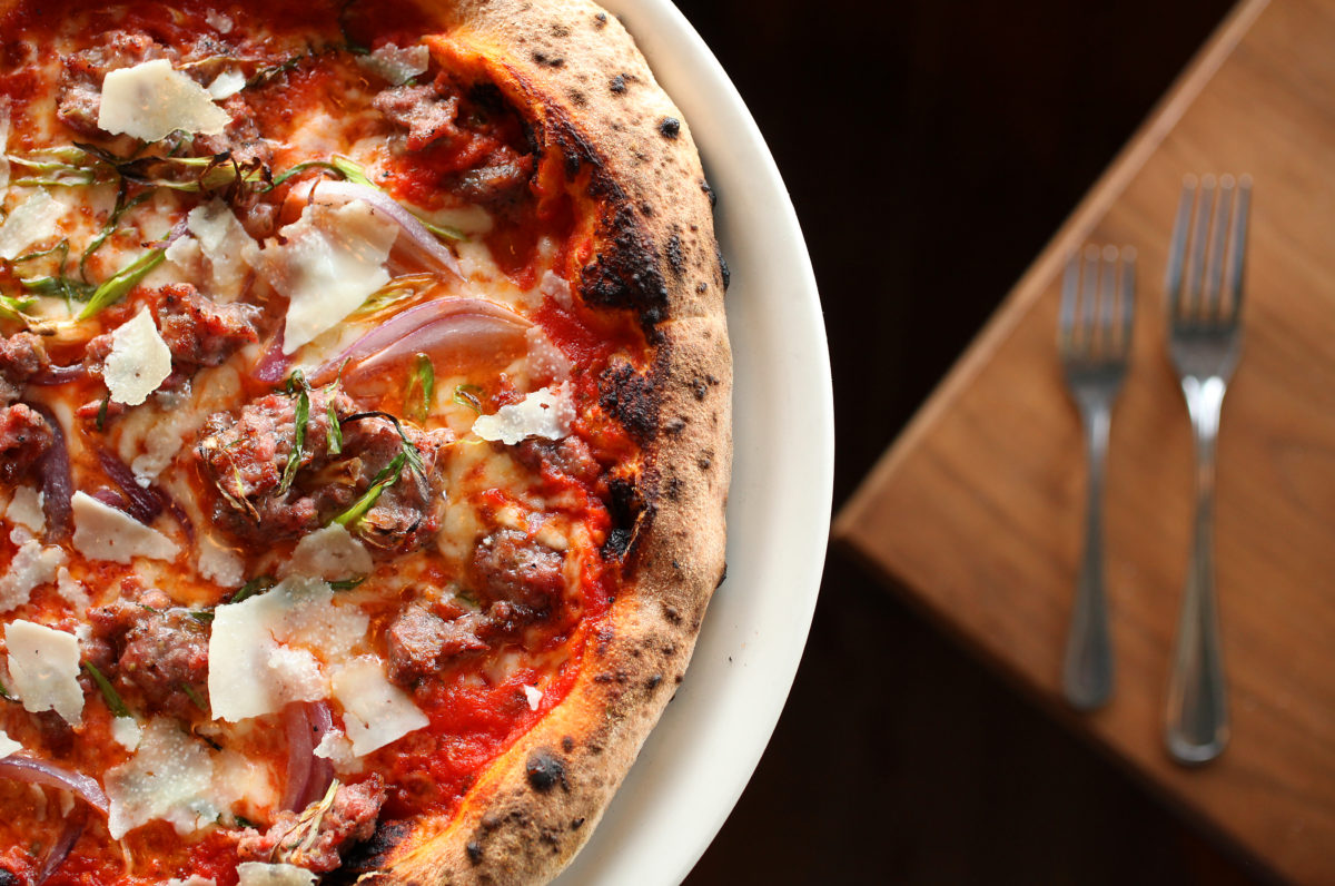 5/11/2014: D3: Salsiccia Pizza PC: The Salsiccia Pizza, containing house sausage, red onions, and pecorino, at Diavola Pizzeria & Salumeria, in Geyserville. (Christopher Chung/ The Press Democrat)