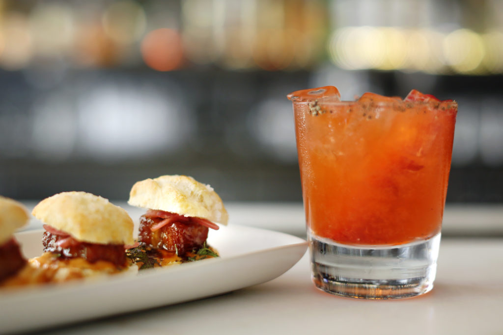 Pork belly biscuits with maple glaze and pickled onion is served at the Chalkboard Restaurant in Healdsburg on Tuesday, June 11, 2013. (Conner Jay/The Press Democrat)