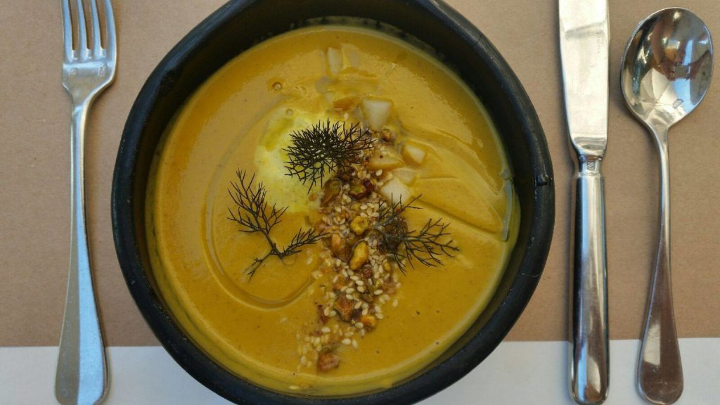 Roasted Pumpkin Soup with Pears, Pistachio Dukkah, Spiced Crème Fraîche at SHED (Courtesy photo)
