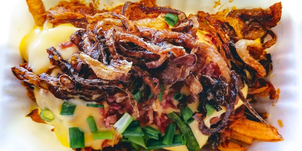 Rohnert Pork with fries, bacon, green onion, cheese and pulled pork at Smokin’ Bowls in Rohnert Park. (Heather Irwin)