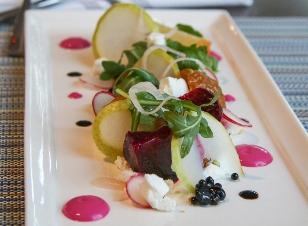 Beet salad with pears, whipped chevre and beet yogurt at Tisza Bistro in Windsor. Heather Irwin/PD
