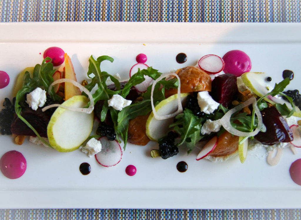Beet salad with pears, whipped chevre and beet yogurt at Tisza Bistro in Windsor. Heather Irwin/PD