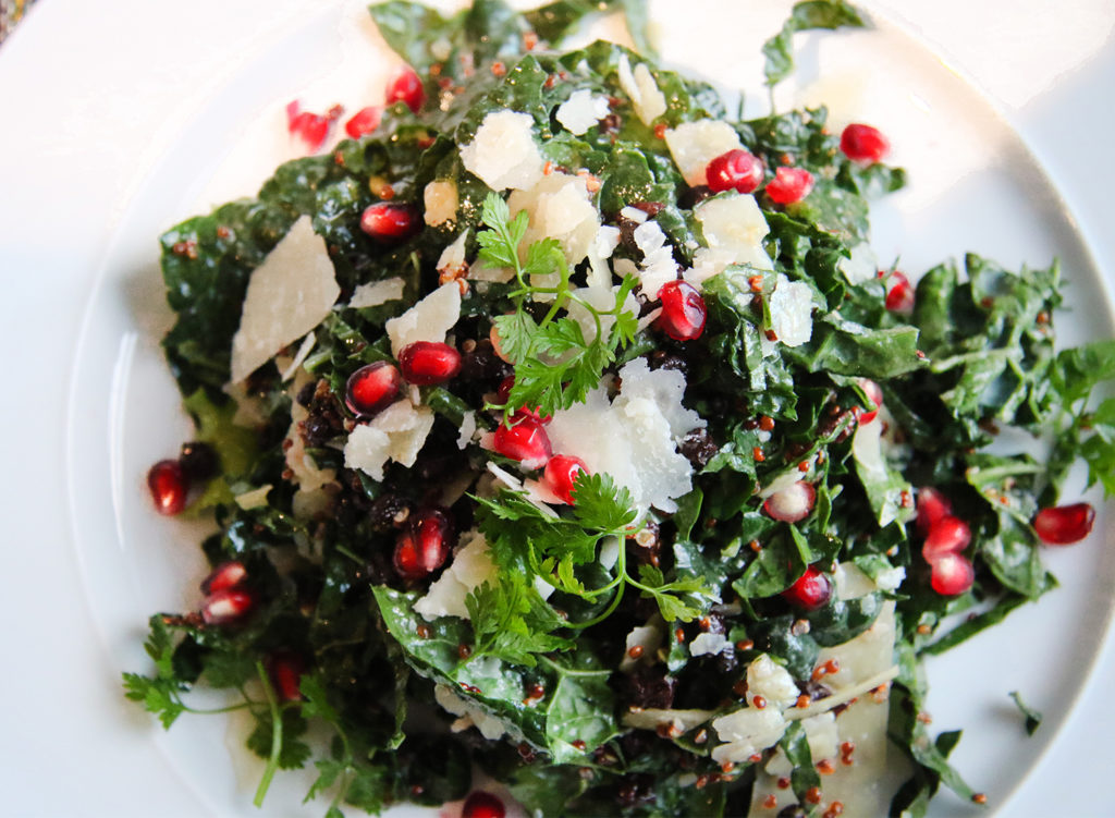 Kale salad with pomegranates, Parmesan and wine soaked currants Salmon with carrot puree at Tisza Bistro in Windsor. Heather Irwin/PD