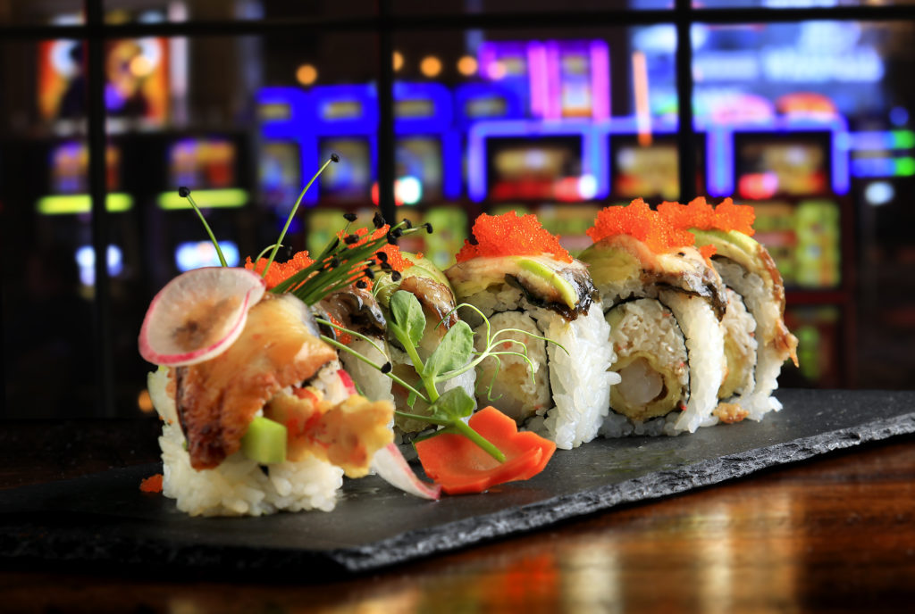 The Dragon Roll with shrimp tempura, crab, BBQ eel, avocado and unagi sauce from the Boathouse Asian Eatery in the Graton Casino. (John Burgess/The Press Democrat)
