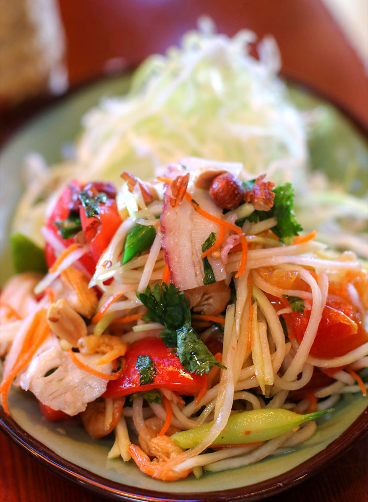 Green Papaya Salad with braised octopus, pole beans roasted peanuts and lime at Khom Loi pop-up at Ramen Gaijin in Sebastopol. Heather Irwin/PD